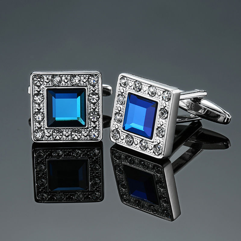 Men's Cufflinks Blue Crystal Square Cuff Button High Quality French Shirt Cufflinks for Suit Accessories Wedding Jewelry