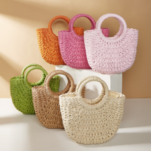 Wholesale Candy Color Handmade Beach Bags Half-Round Straw Crossbody Bag Large Capacity Female Casual Woven Straw Tote Handbags