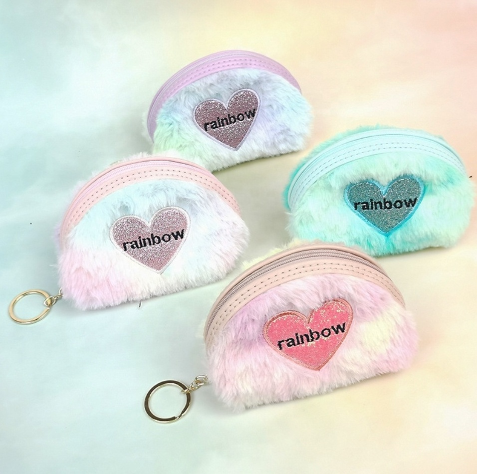 Embroidered Heart Shape Velvet Coin Purses Girls Lipstick Storage Bag Tie Dye Rainbow Card Key Chain Bags Mini Plush Wallets