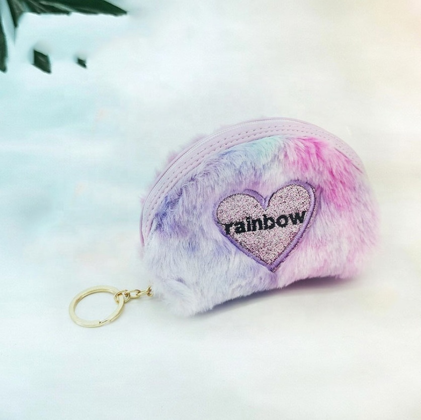 Embroidered Heart Shape Velvet Coin Purses Girls Lipstick Storage Bag Tie Dye Rainbow Card Key Chain Bags Mini Plush Wallets