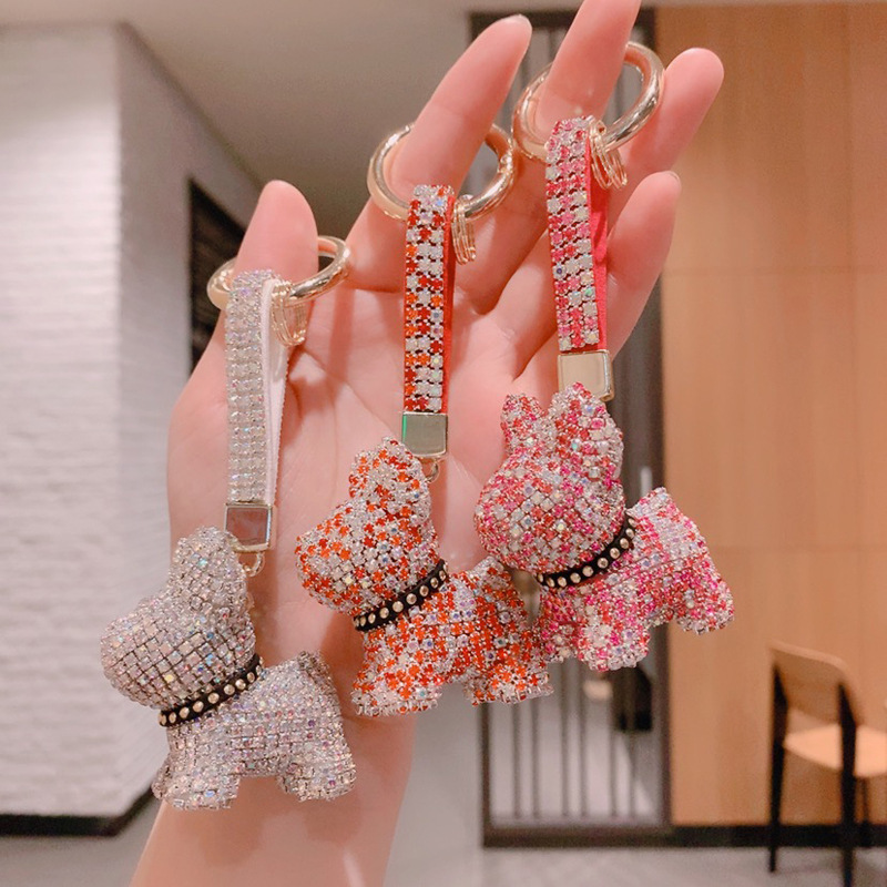 Dickmon Wholesale Full Diamond French Bulldog Key Chains Rhinestone Bulldog Keychain Bag Pendant Luxury Dog Keychain Accessories