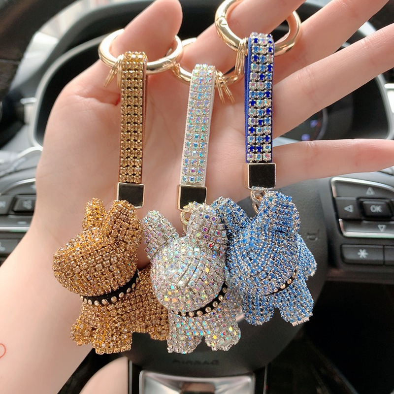 Dickmon Wholesale Full Diamond French Bulldog Key Chains Rhinestone Bulldog Keychain Bag Pendant Luxury Dog Keychain Accessories