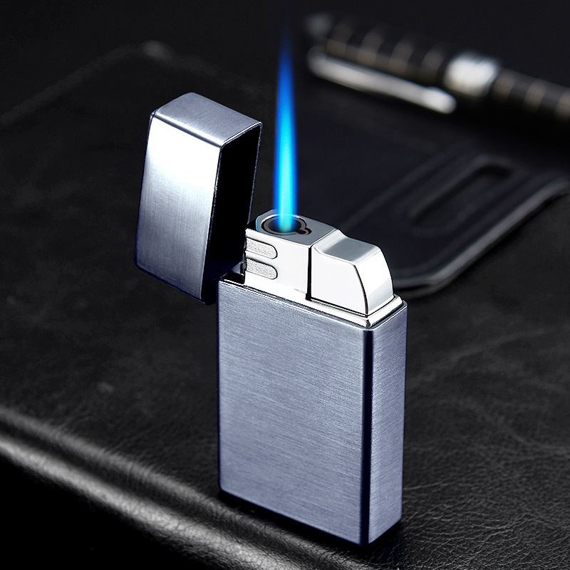 Custom Laser Logo Lighter Rectangle Butane Refillable Metal Blue Flame Windproof Lighter   leichter