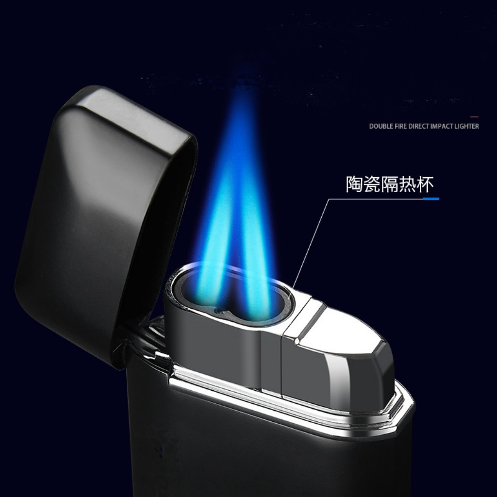 Custom Logo Metal Cigarette Lighter Windproof Cool Double Blue Flame Jet Torch Lighter