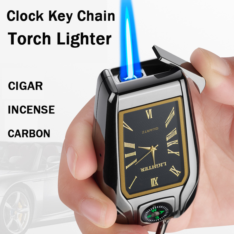 Metal Zinc Alloy Gas Refillable Multi Function Luxury Feuerzeug Clock Key Chain Windproof Torch Jet Flame BBQ Cigar Lighters