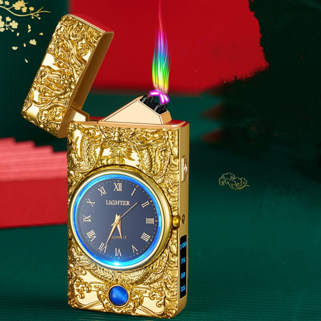 Luxury Electronic Arc Usb Rechargeable Lighter Engraved Gold Dragon Design Plasma Lighter With Clock