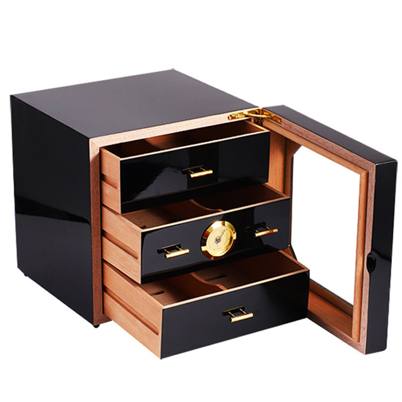 Wood Cigar Humidor Box High Gloss Paint Moisturizing Three Floors Box Cabinet Cigar Box With Drawer