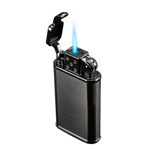 Cigar Lighters Customized Black Classic Metal Windproof Jet Blue Flame Grinding Wheel Rocker Gas Lighter