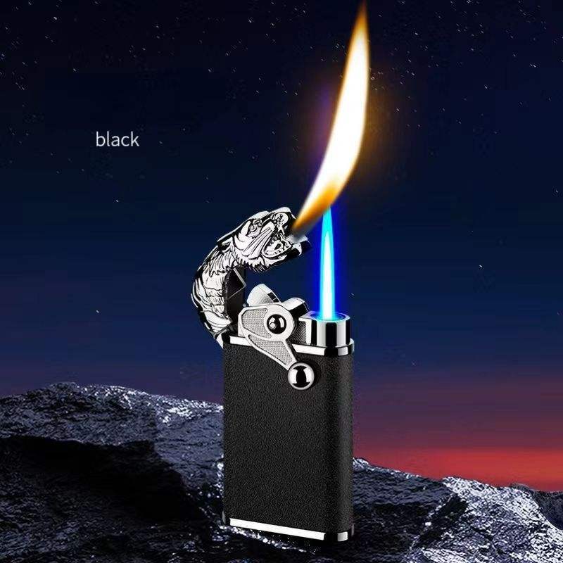 Custom Logo Cigarette Lighter Metal Tiger Rocker Switch Dual Flame Torch Butan Gas Jet Lighter