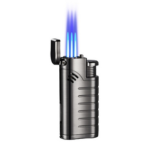 New Design Jet Flame Lighter Mechero Frosted Transparent Air Chamber Three Jet Nozzle Blue Fire Cigar Lighter With Cutter