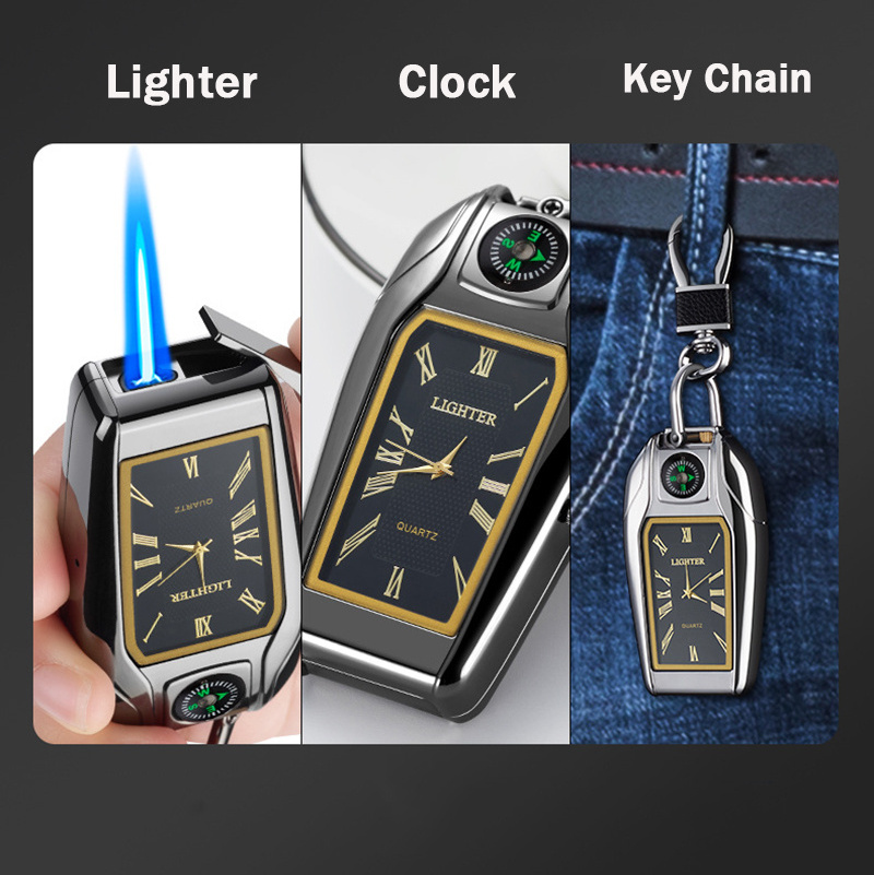 Metal Zinc Alloy Gas Refillable Multi Function Luxury Feuerzeug Clock Key Chain Windproof Torch Jet Flame BBQ Cigar Lighters