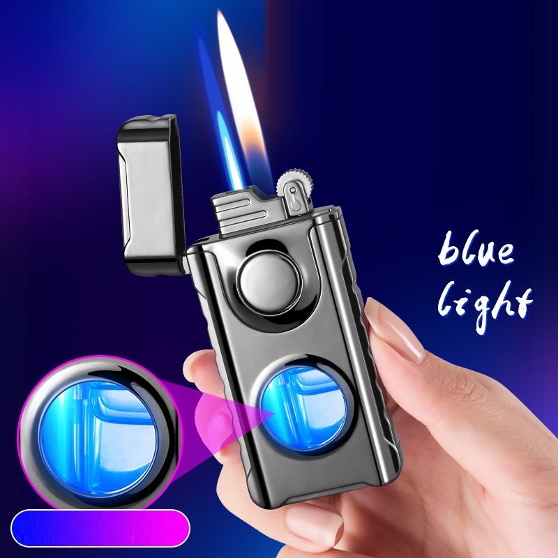 Flint Fire Lighter Double Fire Blue Flame Visual Air Chamber Gas Torch Lighter With Blue Led Light