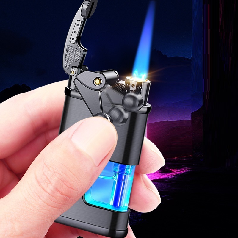 Cigarette Cigar Jet Fill Gas Lighter Gadgets Rocker Arm Led Windproof Straight Torch Blue Flame Lighter