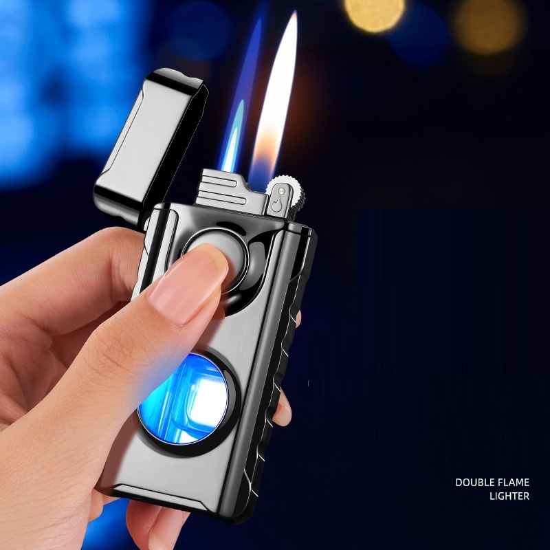 Flint Fire Lighter Double Fire Blue Flame Visual Air Chamber Gas Torch Lighter With Blue Led Light