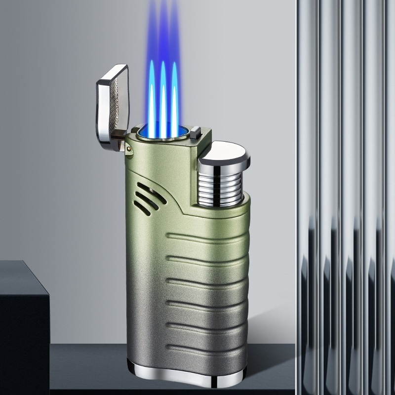 New Design Jet Flame Lighter Mechero Frosted Transparent Air Chamber Three Jet Nozzle Blue Fire Cigar Lighter With Cutter