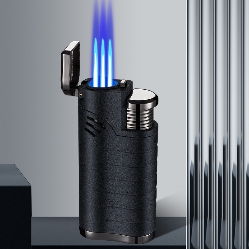 New Design Jet Flame Lighter Mechero Frosted Transparent Air Chamber Three Jet Nozzle Blue Fire Cigar Lighter With Cutter