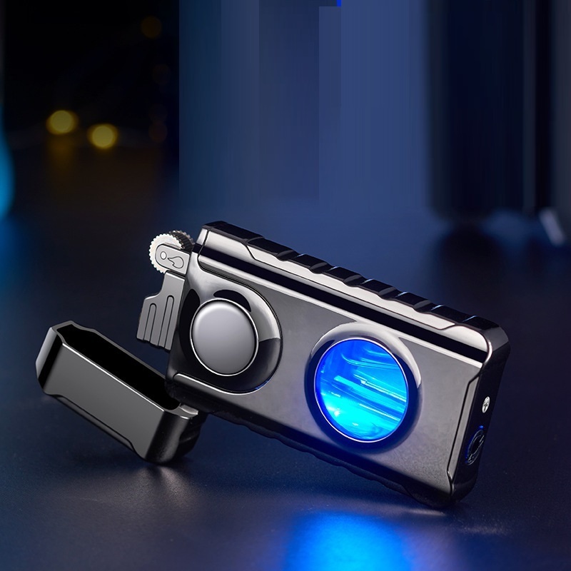 Flint Fire Lighter Double Fire Blue Flame Visual Air Chamber Gas Torch Lighter With Blue Led Light