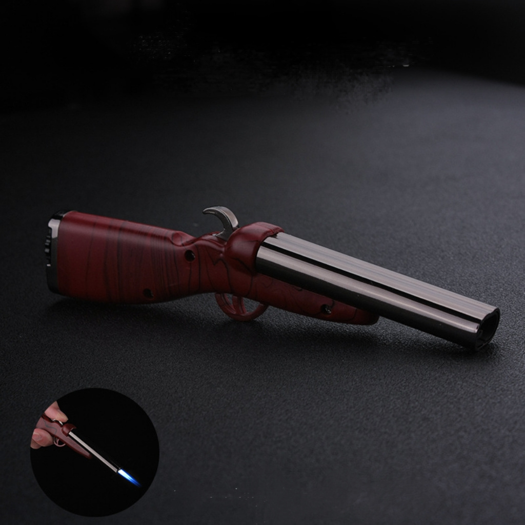 Creative Wood Grain Gas Lighter Double Fire Windproof Blue Flame Gun Shaped Cigarette Lighter