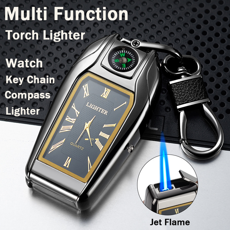 Metal Zinc Alloy Gas Refillable Multi Function Luxury Feuerzeug Clock Key Chain Windproof Torch Jet Flame BBQ Cigar Lighters