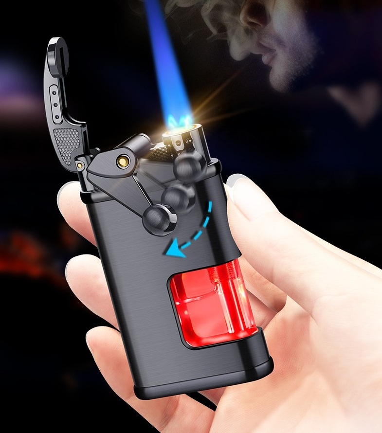 Cigarette Cigar Jet Fill Gas Lighter Gadgets Rocker Arm Led Windproof Straight Torch Blue Flame Lighter