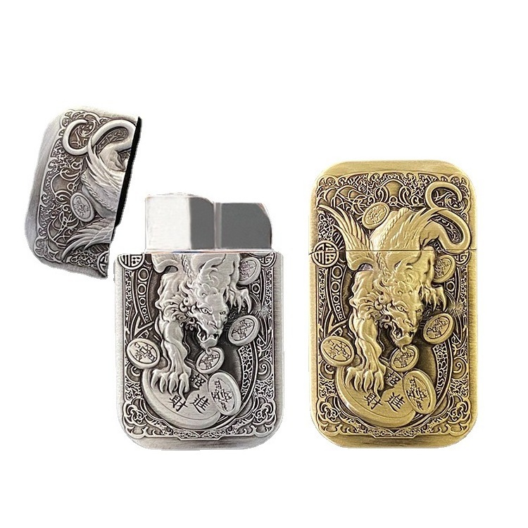 Custom Logo Lighter Vintage Refillable Butane Aerated Red Flame Zinc Alloy Metal Cigarette Lighters