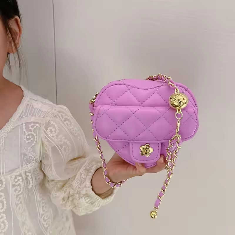 Personality Love Pu Leather Rhomboid Shoulder Crossbody Sling Bags Women Kids Girls Handbag Purses Heart Shape Child Chain Bag