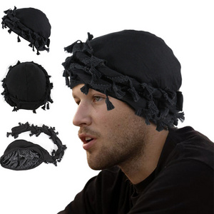 New Design Skull Wave Cap Satin Silky Lined Tassels Pre-Tied Halo Twisted Men Turban Durag Head Wrap Hat For Men