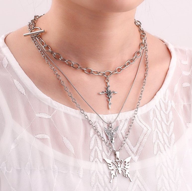 Personality Creative Fashion Butterfly Angel Cross Rose Multilayer Necklace