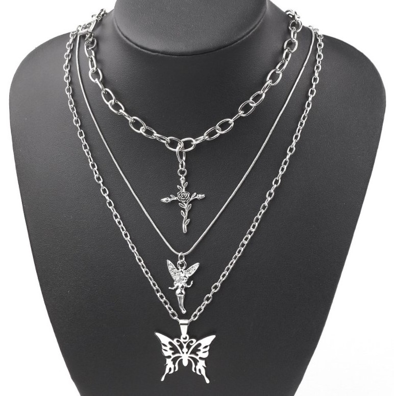 Personality Creative Fashion Butterfly Angel Cross Rose Multilayer Necklace