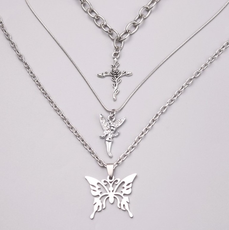 Personality Creative Fashion Butterfly Angel Cross Rose Multilayer Necklace