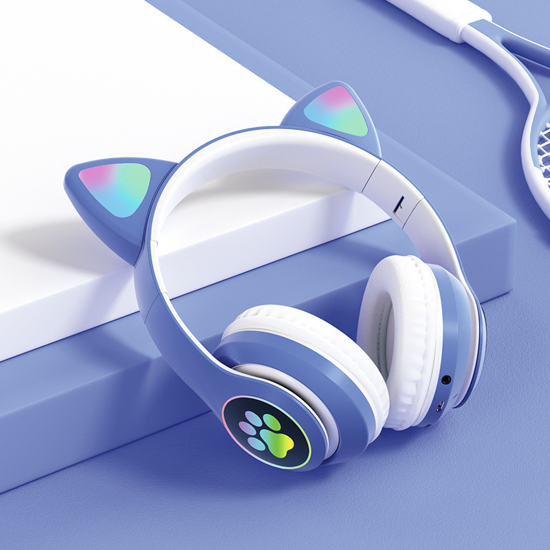 Cute Glitzy Cat Ears Shaped Headphones Heavy Bass Blue tooth Wireless Headset With Gaming Earbud Earphone