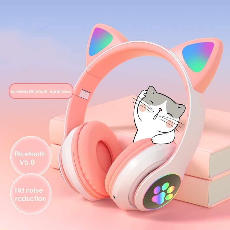 Cute Glitzy Cat Ears Shaped Headphones Heavy Bass Blue tooth Wireless Headset With Gaming Earbud Earphone