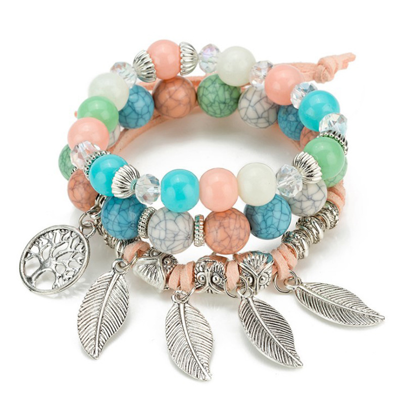 Fashion jewelry bangles Tree of Life Multilayer Bracelet Ladies metal alloy leaf chain bracelets Handmade Glass Beaded Bracelet