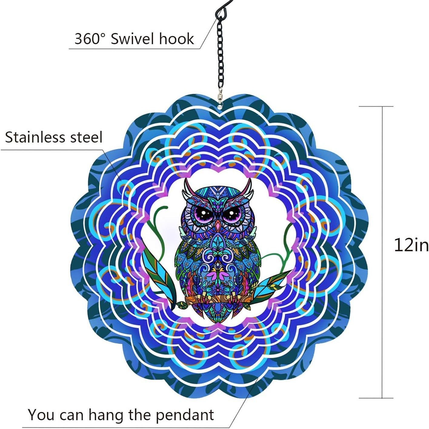 Owl Metal Wind Spinner Owl Gift for Mom, Grandma, Wife Hanging Christmas Decorative Gift