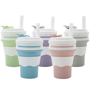 Large BPA Free Reusable Collapsible Silicone Sippy Cup With Lid Portable Folding Silicone Cup With Straw