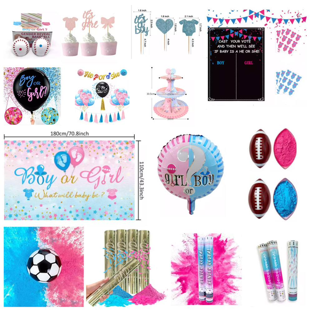 Baby Party Supplies Confetti Smoke Holi Power Cannon Boy Or Girl Gender Reveal Poppers Football Bomb Games Plate Balloon Set