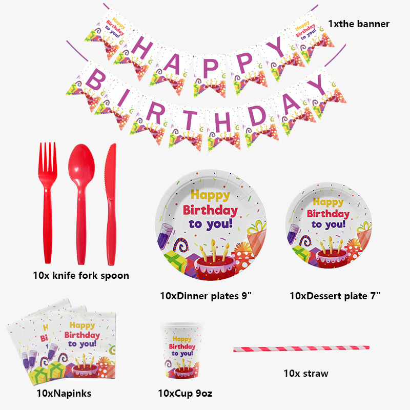 Everyday Happy Birthday Sprinkled confetti Cake Dinner paper plates and Napkins tableware set with cups cutlery