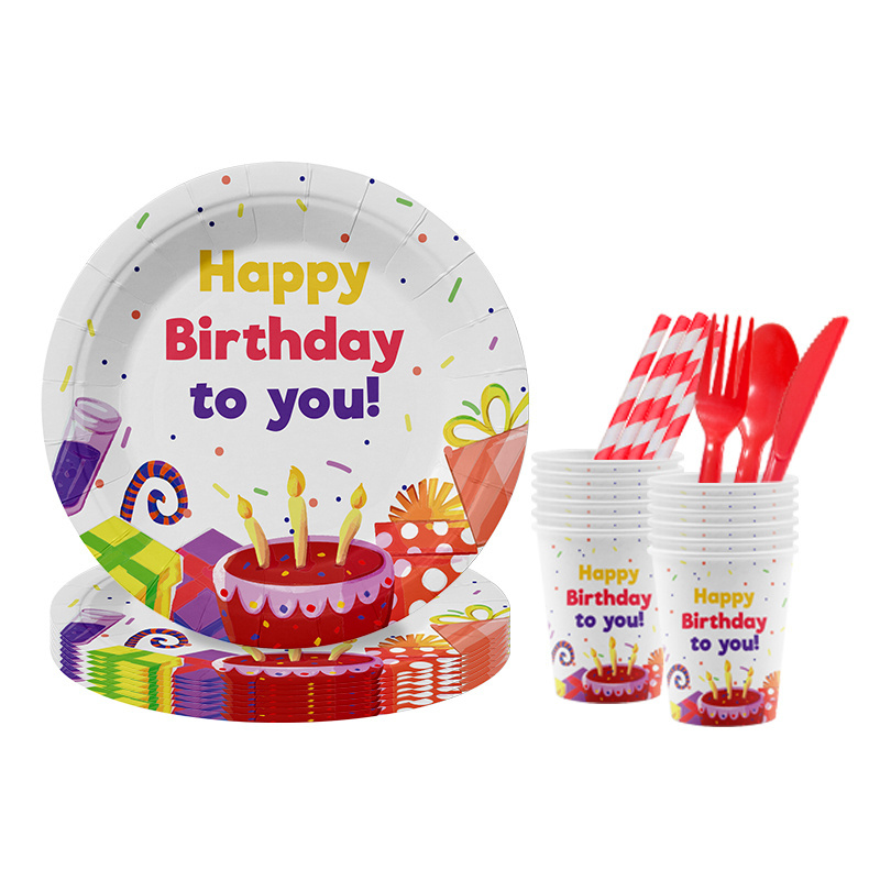 Everyday Happy Birthday Sprinkled confetti Cake Dinner paper plates and Napkins tableware set with cups cutlery