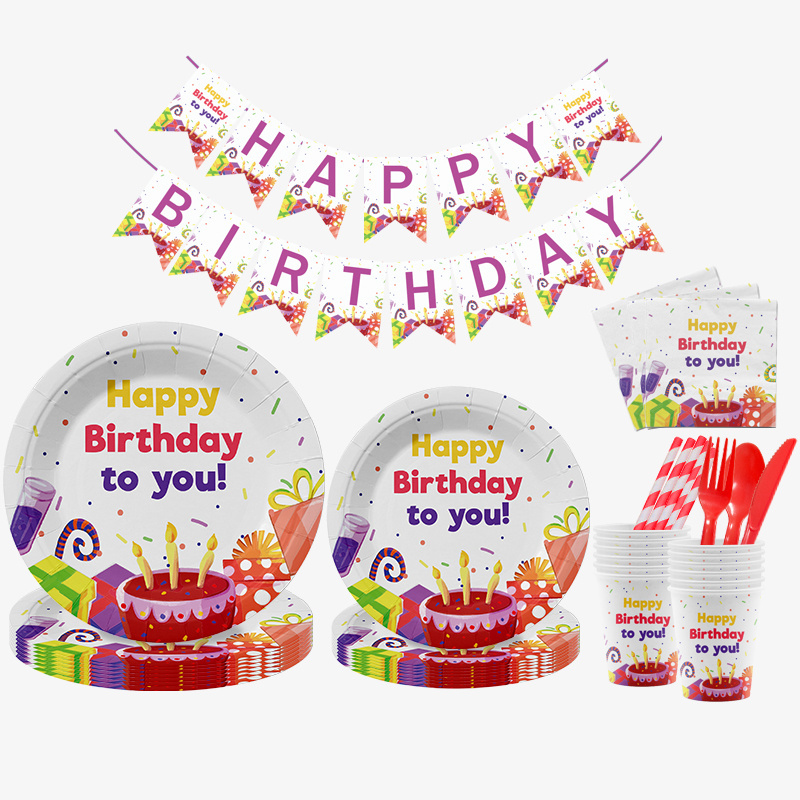 Everyday Happy Birthday Sprinkled confetti Cake Dinner paper plates and Napkins tableware set with cups cutlery