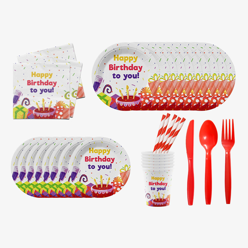 Everyday Happy Birthday Sprinkled confetti Cake Dinner paper plates and Napkins tableware set with cups cutlery