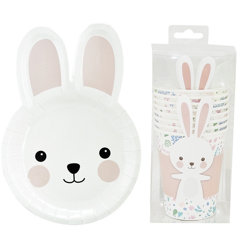 Easter Disposable Cartoon Cute Rabbit Children's Birthday Party Dinner Plate Napkins 9oz Paper Cup Tableware Set