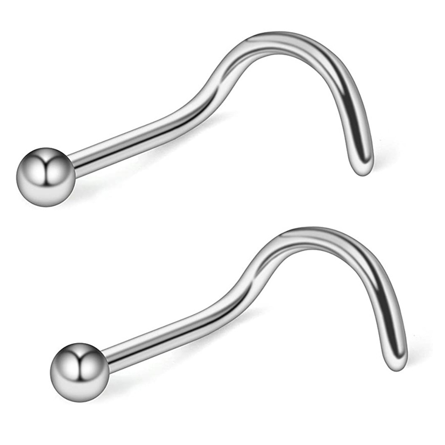 925 Sterling Silver Curved Nose Stud Ring Twister Screws with1.5mm  2mm Ball  fish tail Screw PiercingJewelry