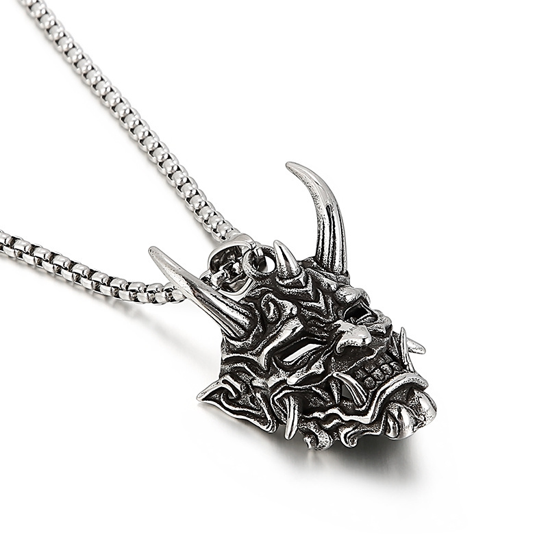 Domineering Punk Skull Horn Necklace Pendant Men Grimace Stainless Steel Jewelry Pendant