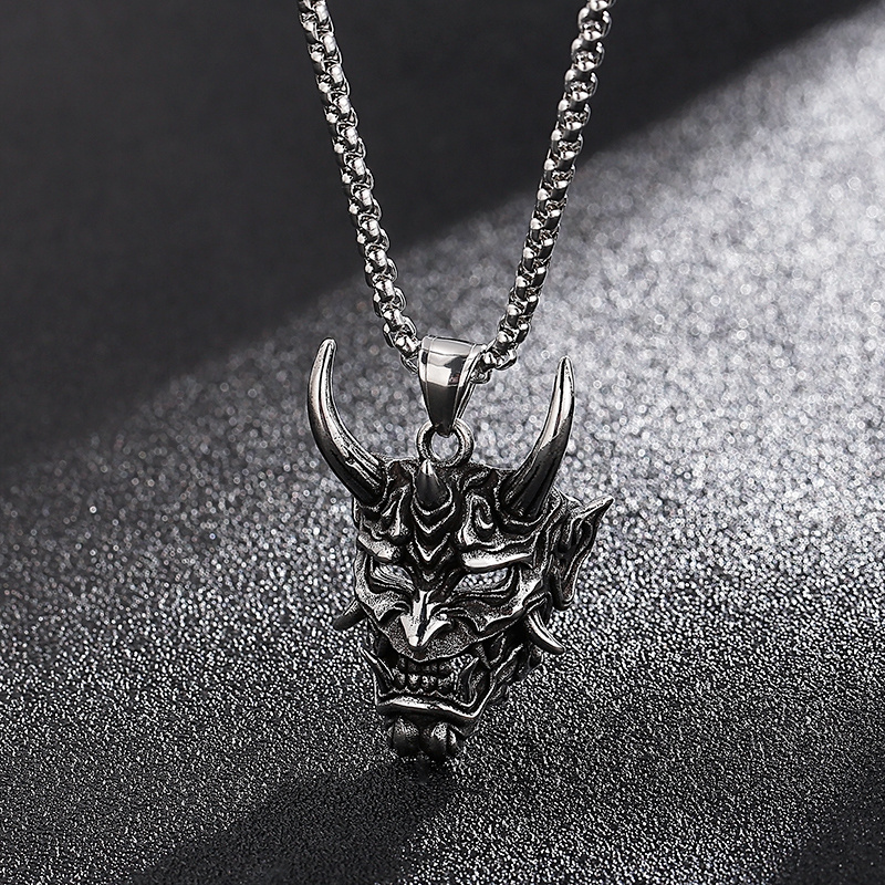 Domineering Punk Skull Horn Necklace Pendant Men Grimace Stainless Steel Jewelry Pendant