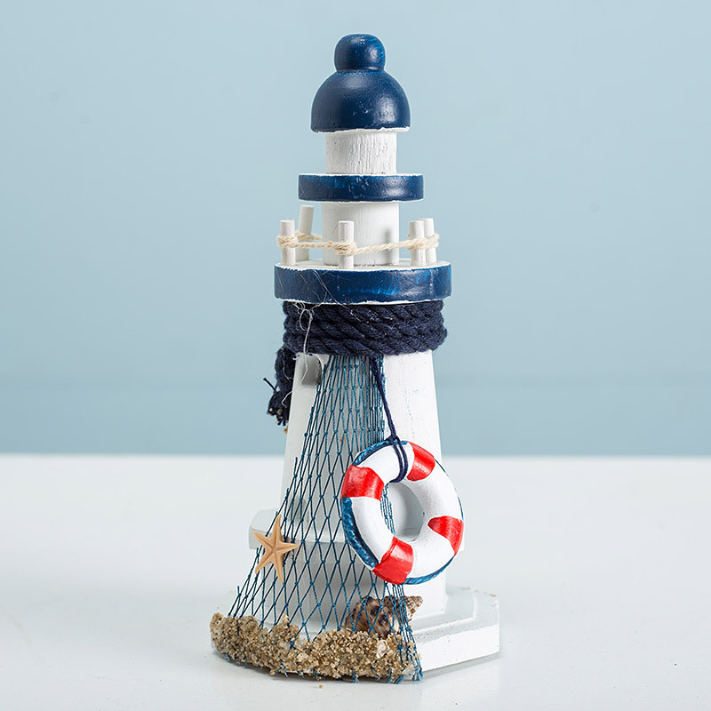 Wholesale Nautical Wooden crafts Huaqi HYI04 Mediterranean Style Ocean Small Lighthouse ornaments for Birthday gift