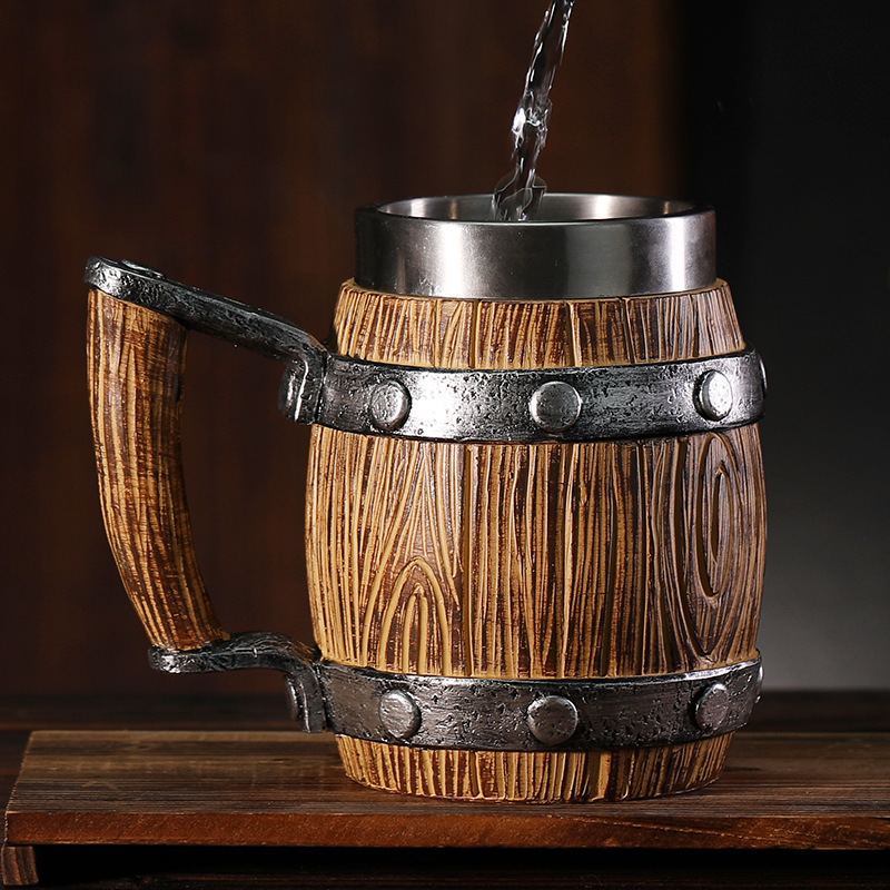 Medieval resin mug M03 Germany Beer barrel cup set Souvenir Bar Tools Stainless Steel tankard imitation wooden Wine Bucket Cup