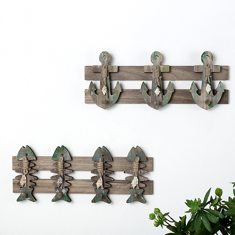 New Retro coat hook Huaqi HYJ08 Mediterranean Old fishbone anchor wood Coat Hanger Wall Hooks for Room Decoration