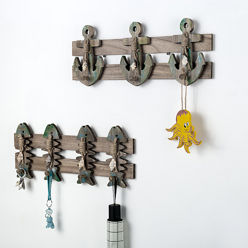 New Retro coat hook Huaqi HYJ08 Mediterranean Old fishbone anchor wood Coat Hanger Wall Hooks for Room Decoration