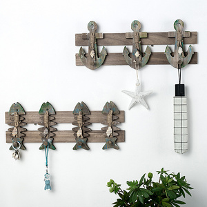 New Retro coat hook Huaqi HYJ08 Mediterranean Old fishbone anchor wood Coat Hanger Wall Hooks for Room Decoration