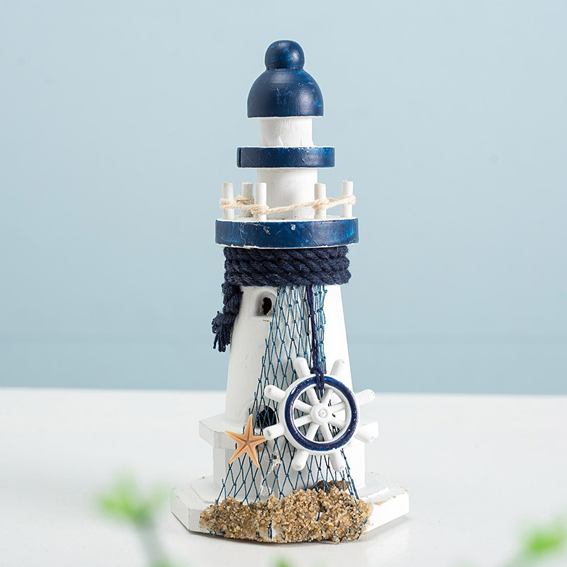 Wholesale Nautical Wooden crafts Huaqi HYI04 Mediterranean Style Ocean Small Lighthouse ornaments for Birthday gift